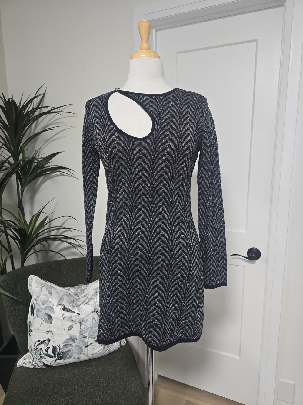 Marciano Black Long-Sleeve Knit Dress with Oval Neck Cutout